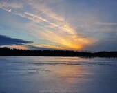 Landscape Photography, sun setting over frozen lake, orange yellow blue, nature print, 8x10 photograph