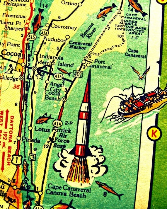 map art print CAPE CANAVERAL Florida NASA rocket vintage beach 8x10 red aqua fish Canova Beach vacation Boy's room