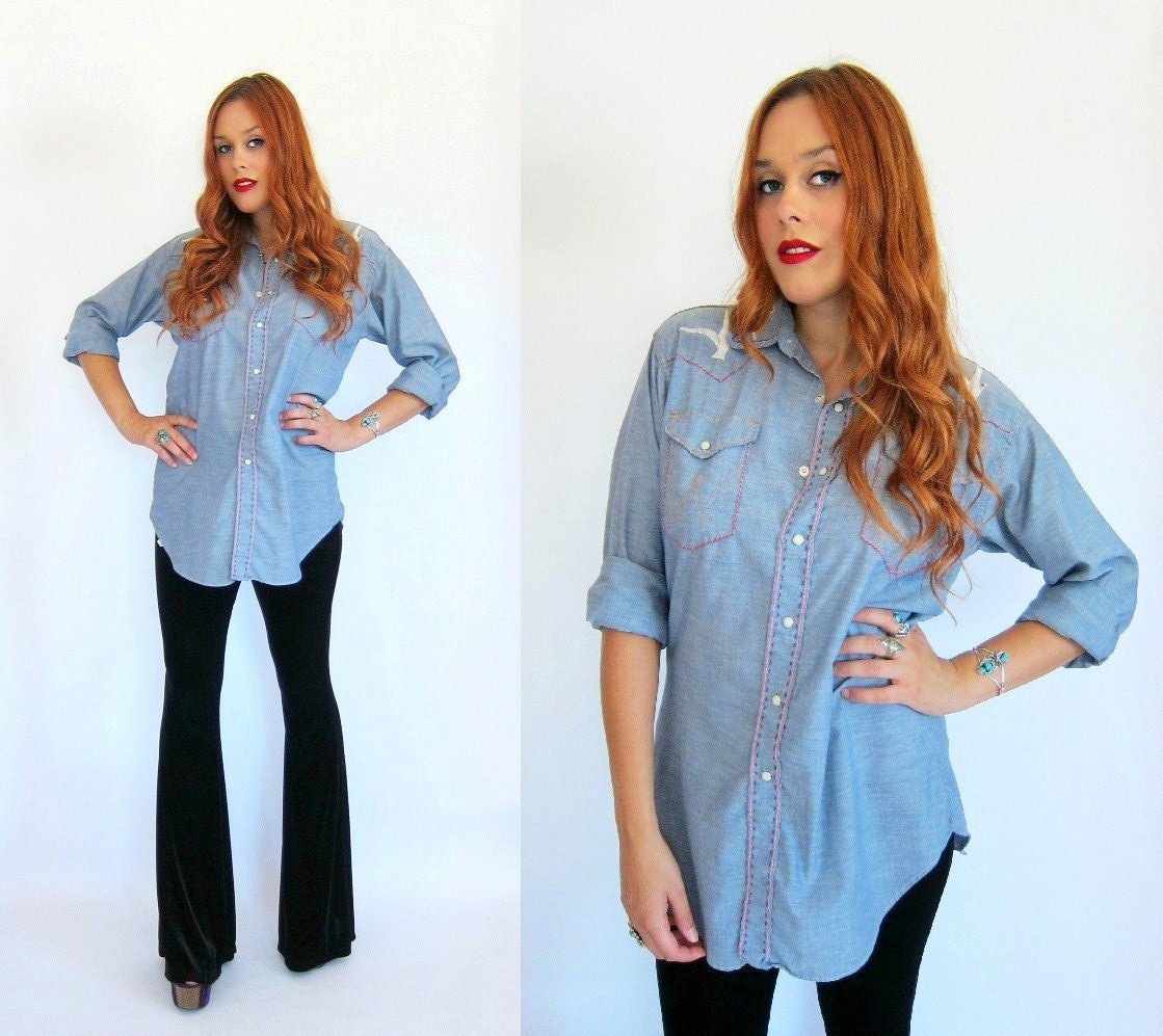 Vintage 70s Chambray EMBROIDERED WRANGLER Western Shirt M L