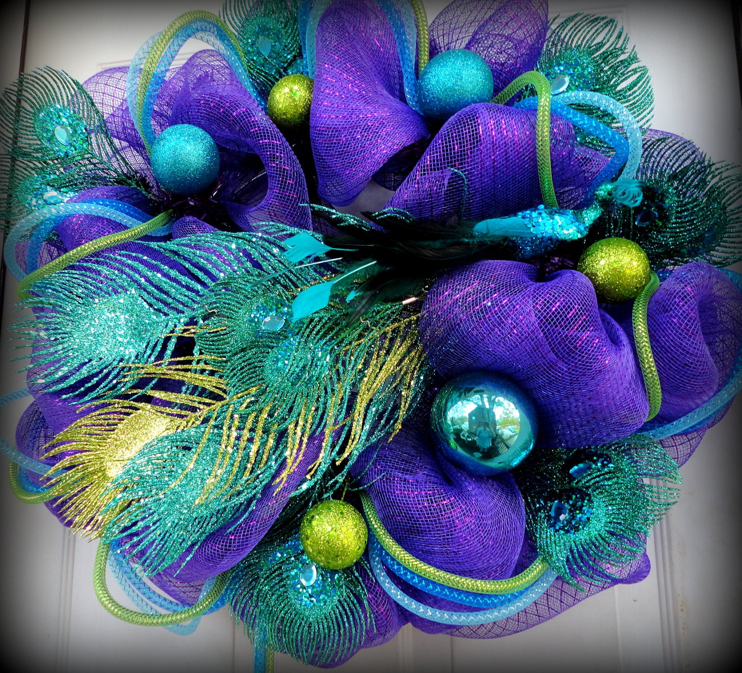 ONE LEFT in this exact style - Mesh Wreath - Holiday Wreath - Peacock Wreath - Holiday Door Decoration - Peacock Decor