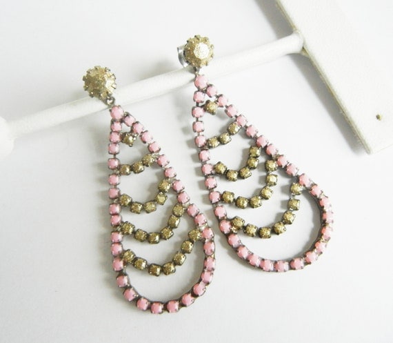 Beautiful Vintage 1950s One Of A Kind  Hand Painted Pale Pink and Metallic Rhinestone Earrings