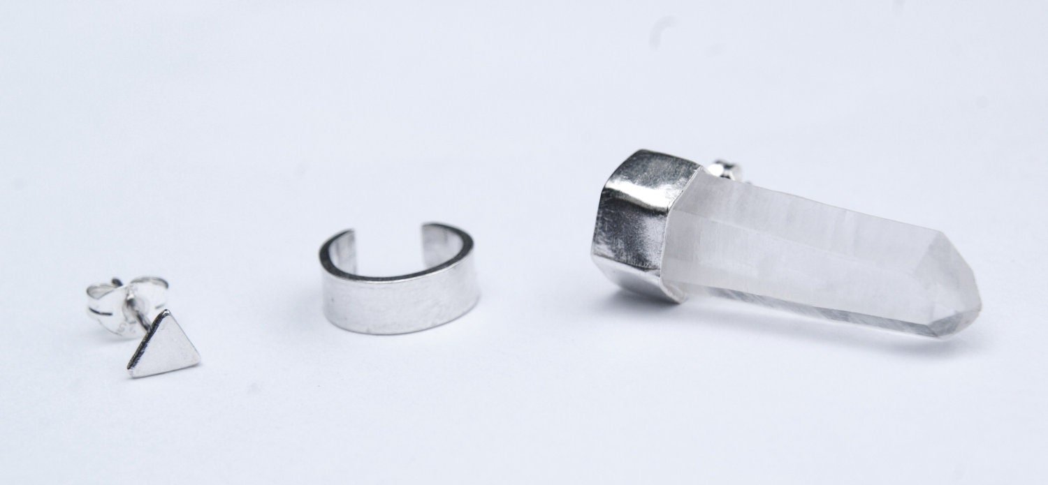 Trio of earrings. Quartz, cuff and triangle stud