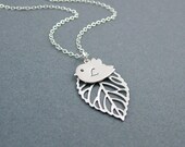 Personalized Bird Necklace, Sterling Silver, Handstamped Initial, Leaf Necklace,