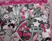 Japanese Style Pop Art Anime Minky Toddler Blanket with Pink Minky Swirl - Ready To Ship