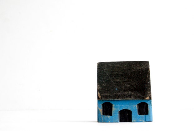Vintage Wooden House Toy Block - The Little Blue House, Whimsical Home Decor, Weathered Wood, Cottage Style