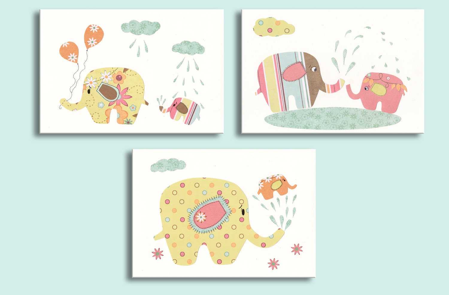 Nursery Decor Art Prints, Baby Shower, Baby Wall Art, Kids Pictures, Elephant Shower  Set of Three 8 x 10" prints