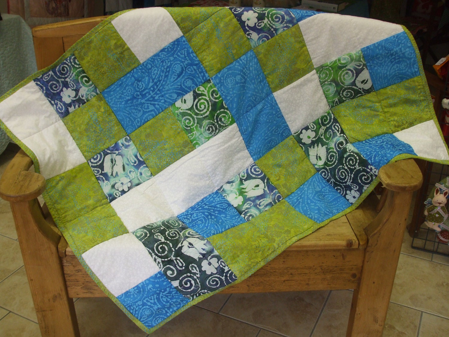 Baby Patchwork Quilt,  Crib or Cot Quilt OOAK Blues and Greens, Deep Sea