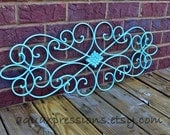 Aqua Metal Wall Fixture /Distressed Patio Decor /Painted Bright /Outdoor Up Cycled Iron Art /Ornate Design