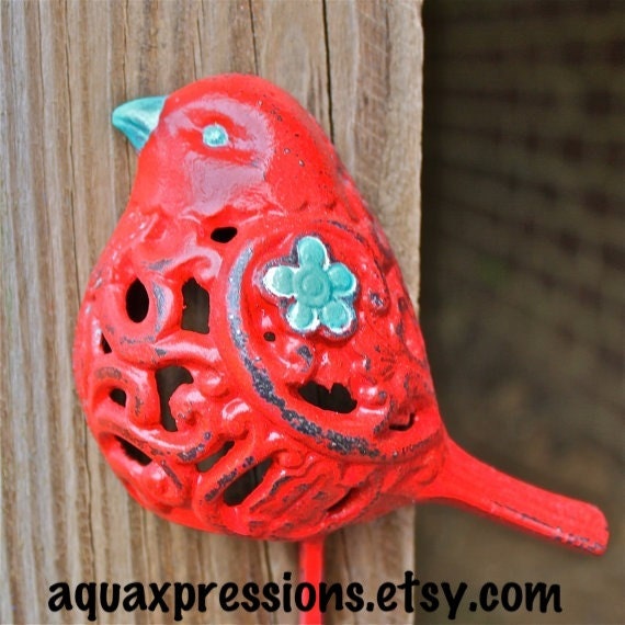Bird Wall Hook /Red /Aqua Blue accent / Whimsy by AquaXpressions