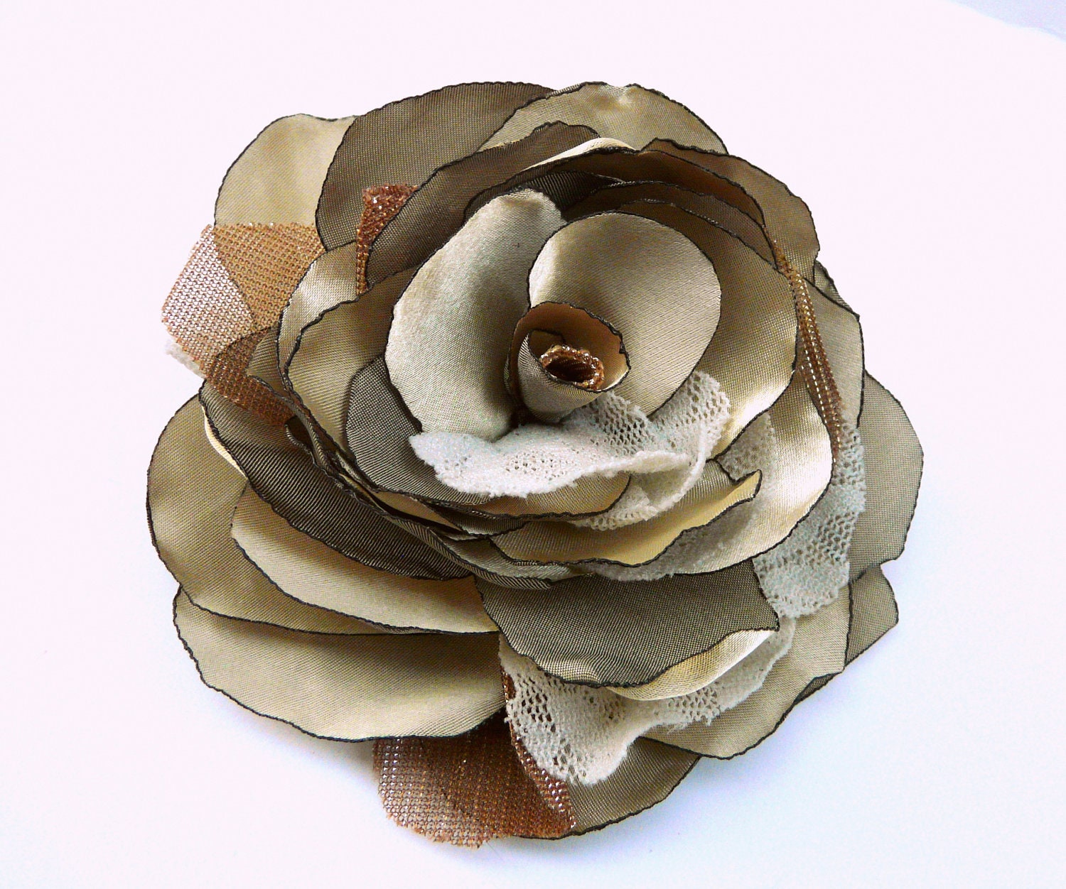 Gold Flower Brooch, Bridal Gold Satin Rose, Boho Chic Fascinator, Bohemian Satin Lace Hair Accessory