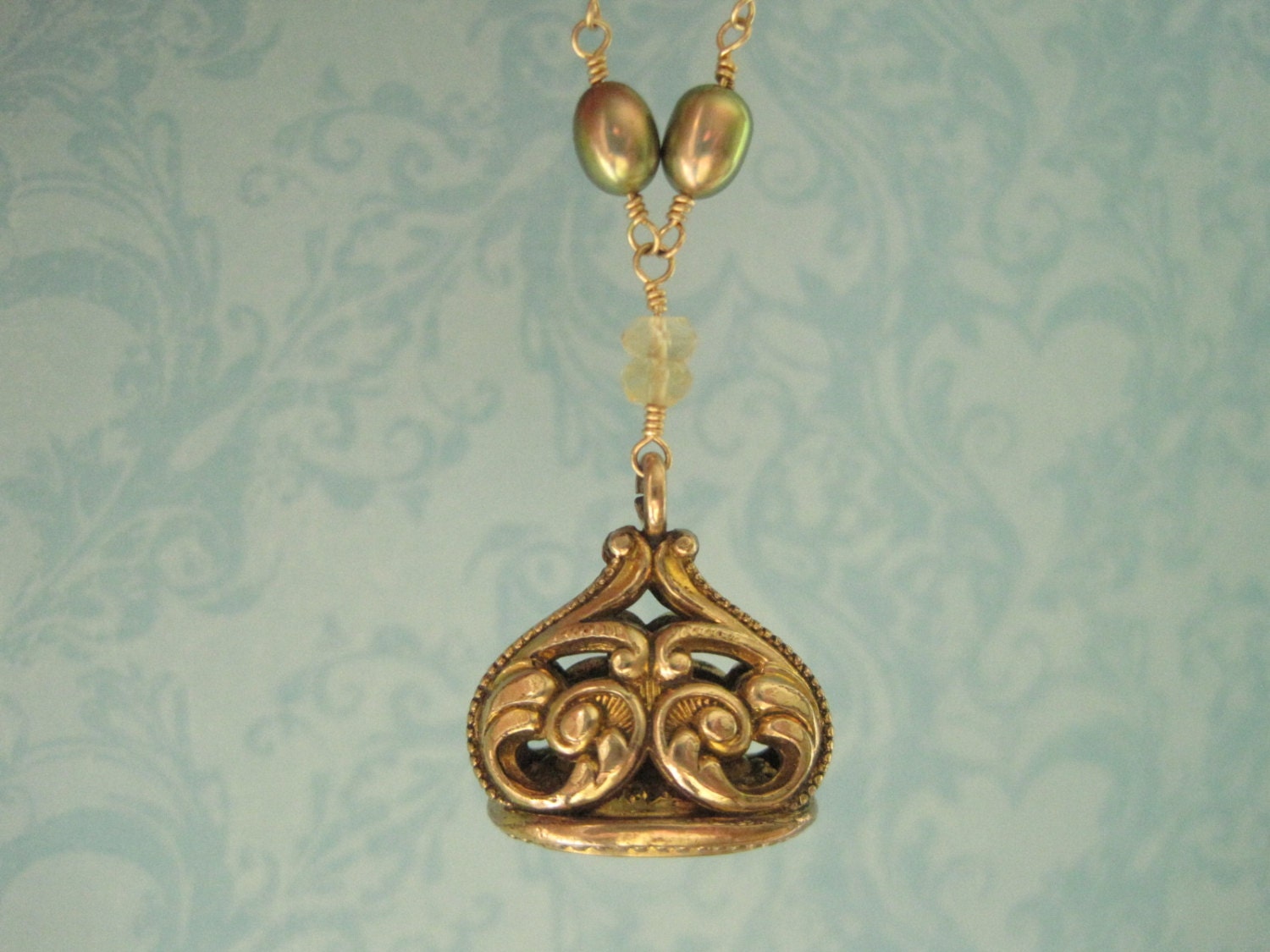 Antique Watch Fob Necklace, Citrine and Green Freshwater Pearl Chain, Gold Filled, Bridal Jewelry