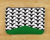 Whale Tale Clutch, Hand Screened Original Pattern, Black Print on White Linen, Fern Green Denim back, All natural fabrics