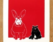 Huge Rabbit, Normal Bear - Limited edition, hand-pulled screen print of a rabbit and bear and their relationship, red, black, white