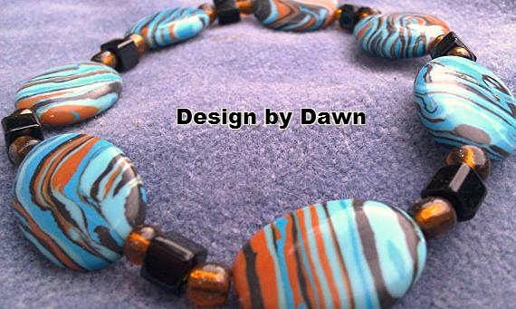 Turquoise blue  Brown black polished stone stretch bead bracelet