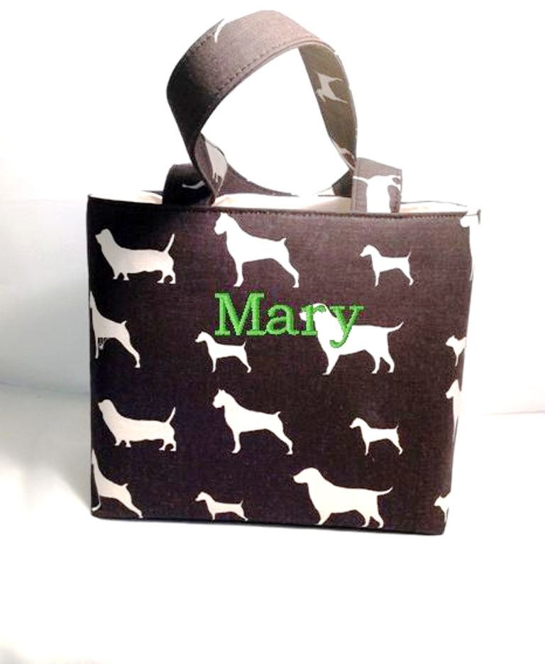 Tote Bag Fabric Handmade Tote Custom Embroidered with Monogram Dog Print
