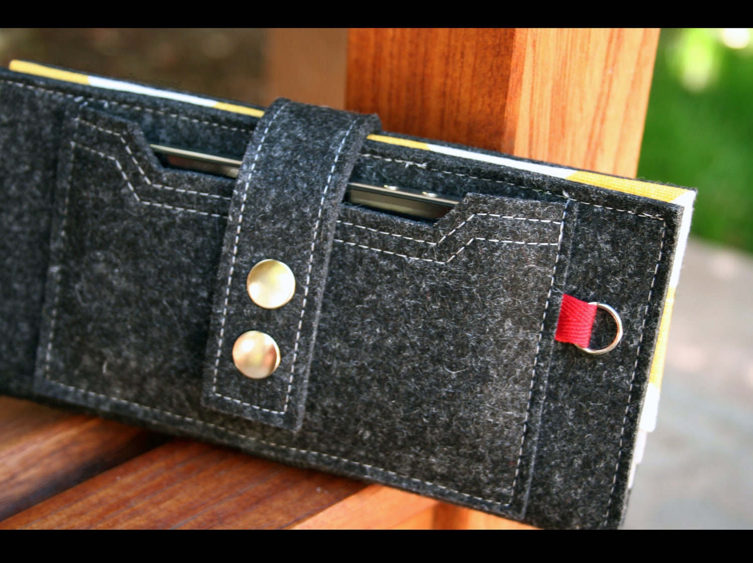 Iphone wallet - charcoal100% merino wool felt and yellow chevron