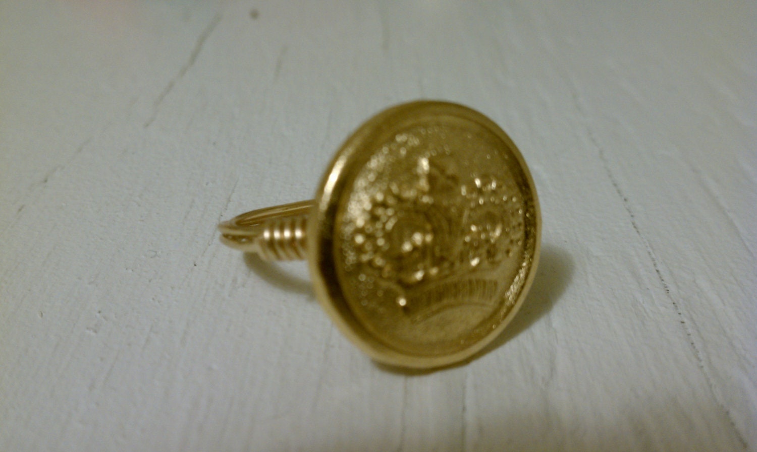 Large, Vintage, Wire Wrapped, Gold, Crown, Button, Ring