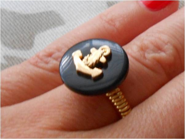 Vintage Navy and Gold Wire Wrapped Anchor Button Ring