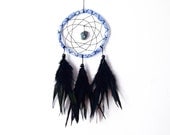 Dream Catcher - Titanium - With Raw Druzy Titanium, Natural Black Feathers, Blue Frame and Black Nett - Home Decor, Mobile - Hippie, Hipster