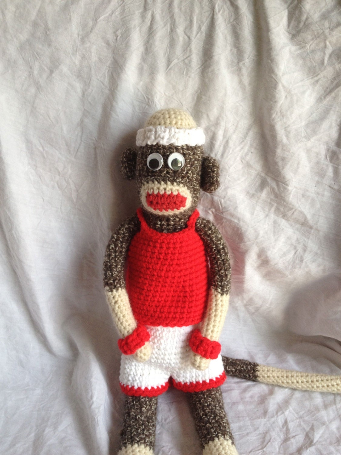 Crocheted Sock Monkey with Running/Exercise Outfit: shorts, tank top, and sweat bands