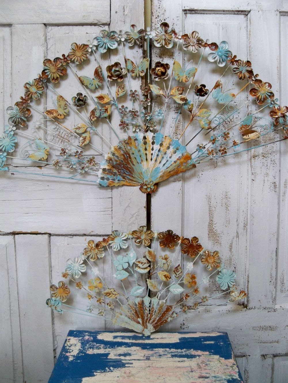 VIntage antique metal tole ware wall fans distressed rusty aqua white shabby wall decor Anita Spero