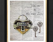 Paris Lock & Keys"Commitment -ORIGINAL ARTWORK- Mixed Media art print on 8x10 Vintage Dictionary page, Dictionary art, Dictionary print