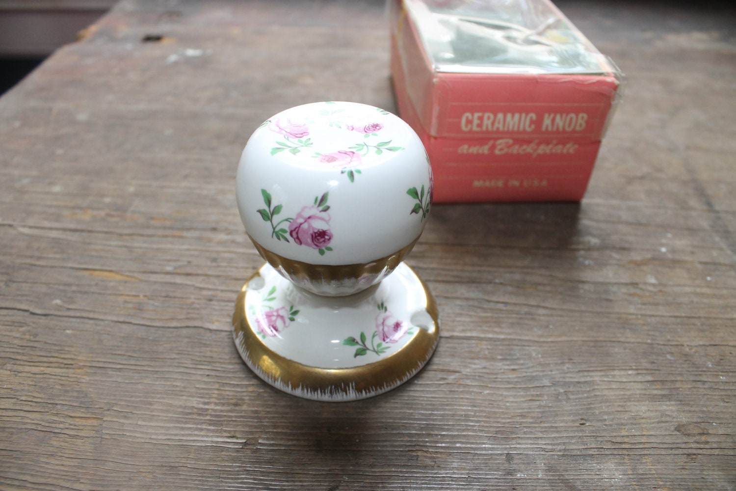 Antique Ceramic Porcelain Door Knob and Backplate - White with Pink Roses and 22K Gold - Mint in Original Box