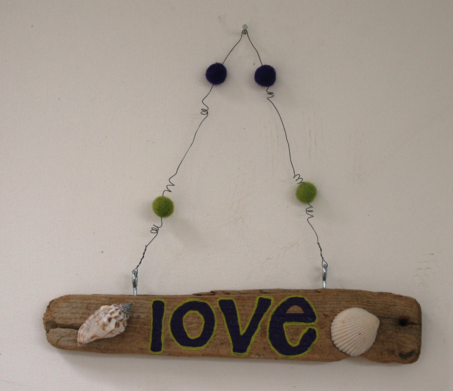 Hanging LOVE Driftwood Art with Shells, Purple & Lime Green Felt Balls (Made to Order)