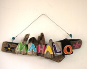 Hanging MAHALO Driftwood Sculpture with Yellow, Lime Green, Bright Blue Plumeria (Made to Order)