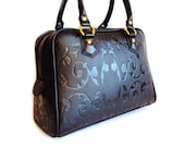 Black Leather Satchel, Black Handbag, Shoulder Bag with Baroque Pattern, Business Bag