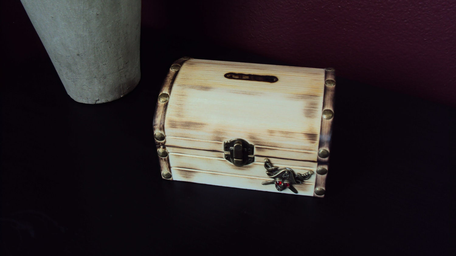 Personalized pirate wood burned treasure chest, money bank box, piggy bank