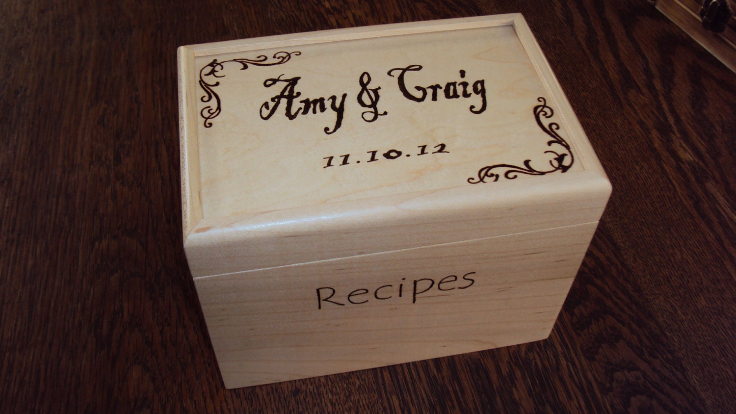 Personalized wood burned maple recipe box, add your name, monogram, or quote to the top of box, bridal or wedding gift