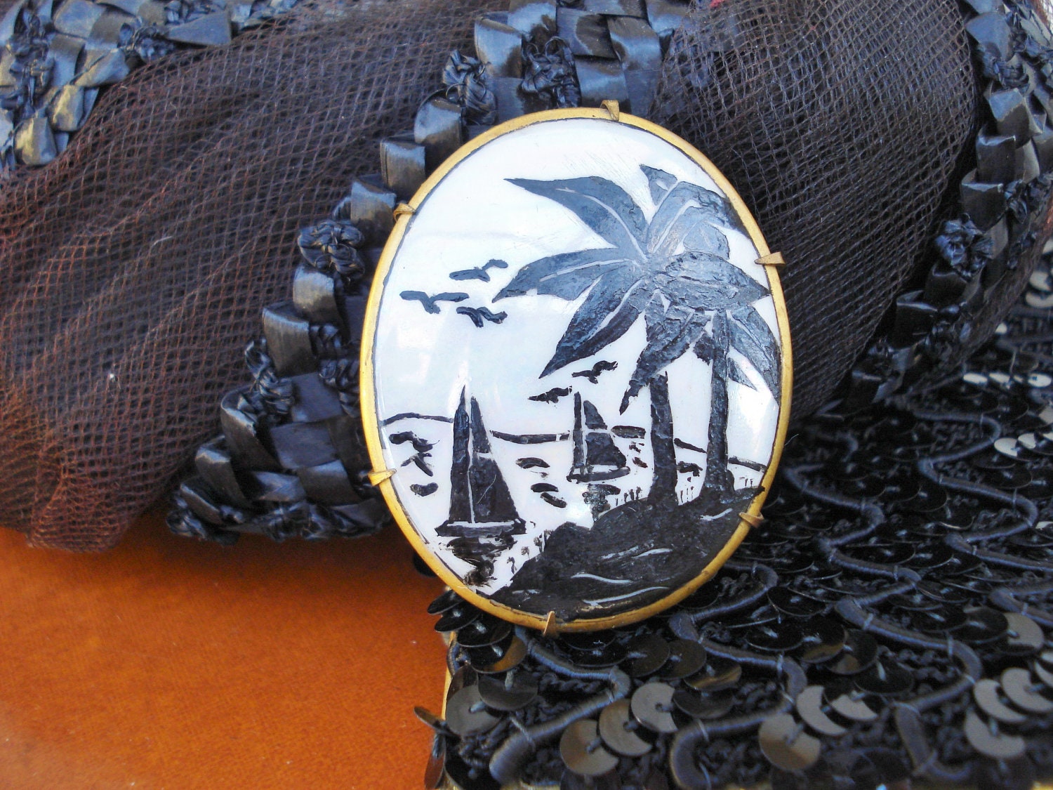 Handpainted Porcelain Brooch / Vintage Black and White Brooch / Iridescent Porcelain Brooch / Opalescent Brooch