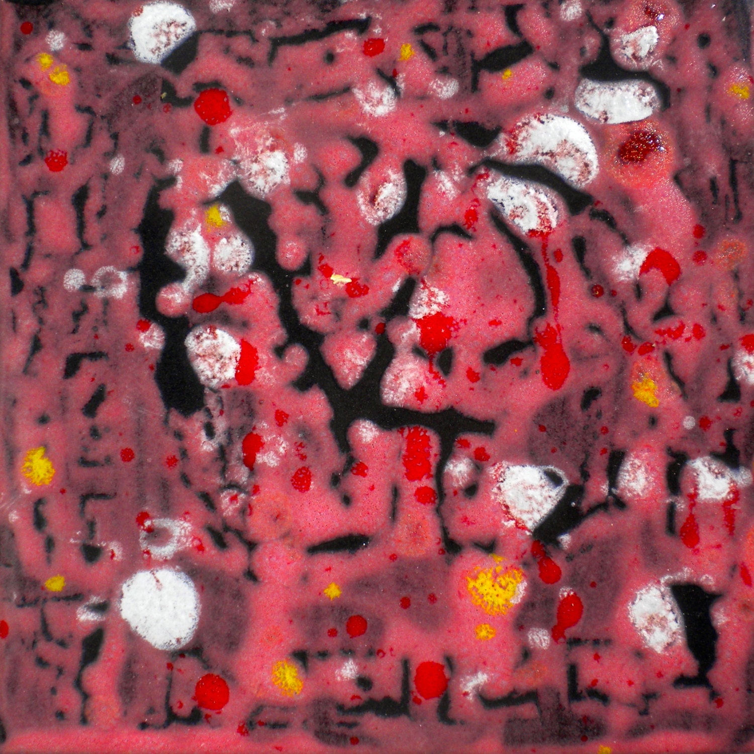 Red & Black Abstract Hand Painted Porcelain Tile  4.25"x 4.25" by New York artist Joan Reese