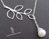 SALE, 10% OFF: Branch and pearl lariat necklace in white gold, branch necklace, pearl necklace, pearl pendant, wedding jewelry, bridesmaid