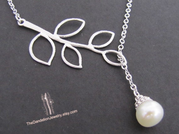 SALE, 10% OFF: Branch and pearl lariat necklace in white gold, branch necklace, pearl necklace, pearl pendant, wedding jewelry, bridesmaid