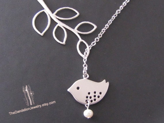 SALE, 10% OFF: Branch and bird lariat with freshwater pearl in white gold, Bird necklace, branch necklace, bird pendant