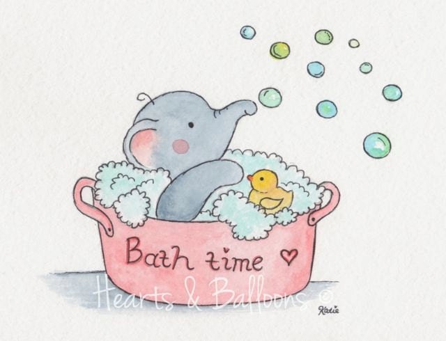 Pink Elephant Nursery Art watercolour painting PRINT 8 x 10 Bath time for baby in pink Fun Playing Baby Girl Bubbles Fun