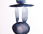 Pebble Original Painting Watercolor Ink Contemporary Art Shingle Stones Rock Beach Decor Art Drawing Grey Blue Nature Wall Art Fine Art