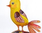 Bird Original Painting Gouache Ink Nature Animal Feathers Original Drawing Contemporary Art Bird Yellow Brown Home Decor Wall Art Workart