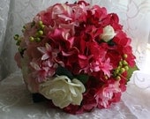 Hydrangea Bouquet with Red and Pink -  Gardenias, Hyacinth and Lime Green Berries - Groom's Boutonniere - Romantic Pink Wedding