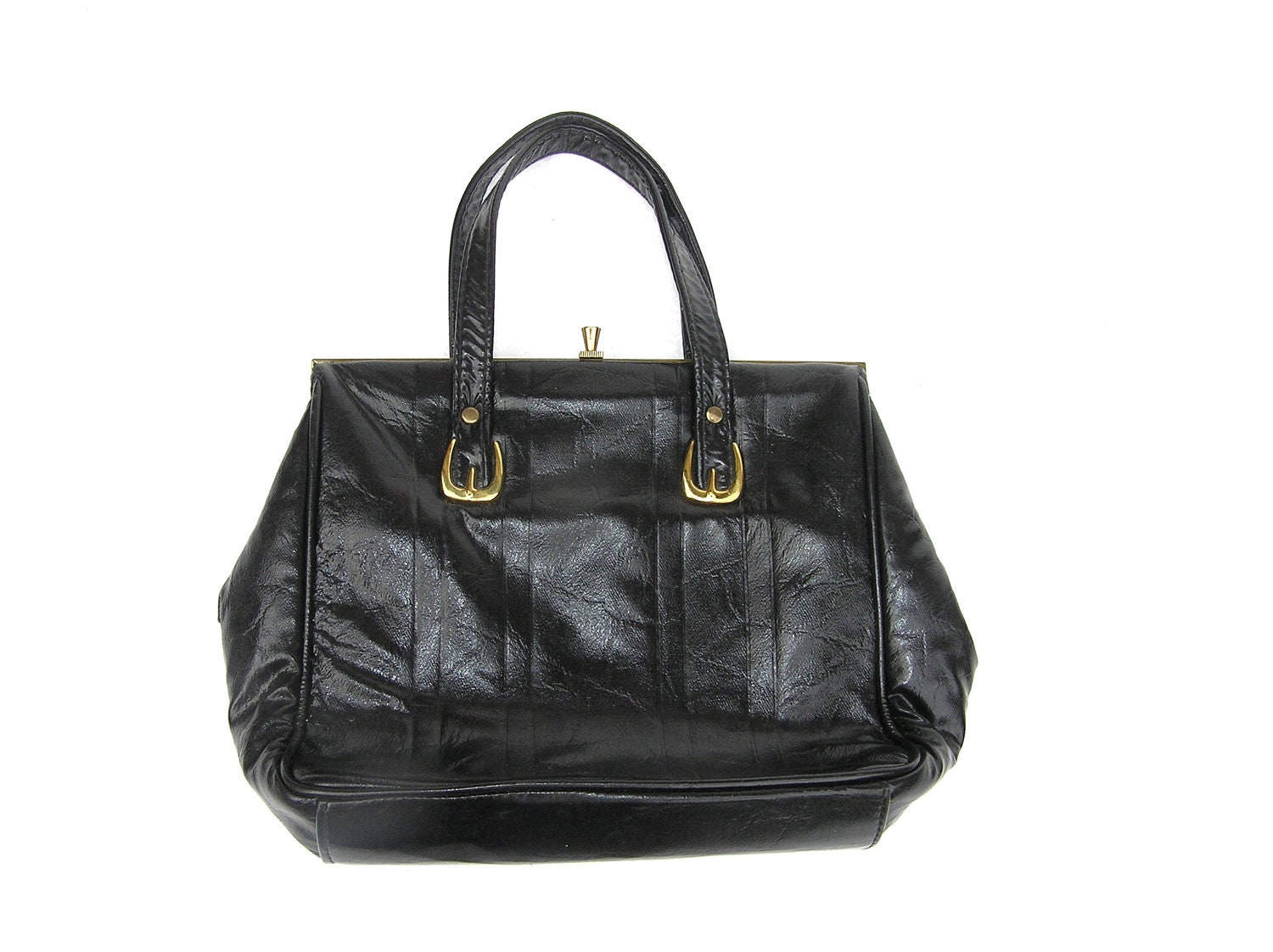 Black handbag retro vintage with golden buckles from 1970s USSR