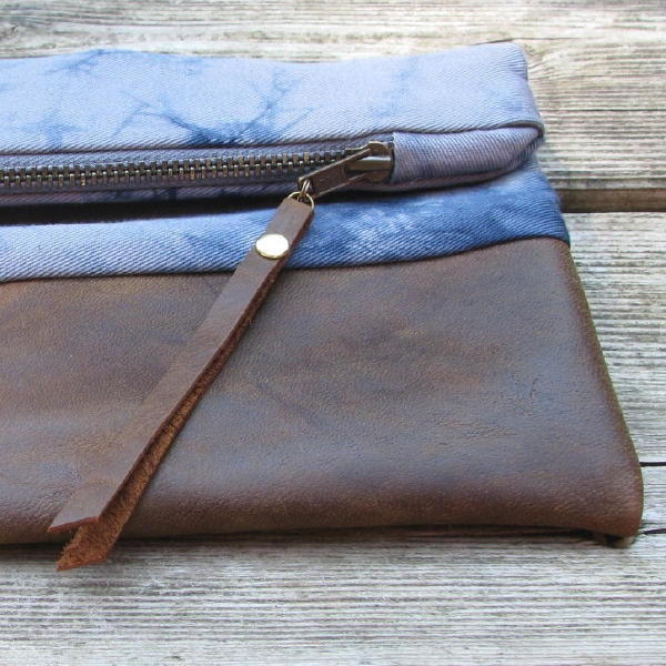 hand-dyed cotton and leather clutch, fold-over clutch, storm clouds