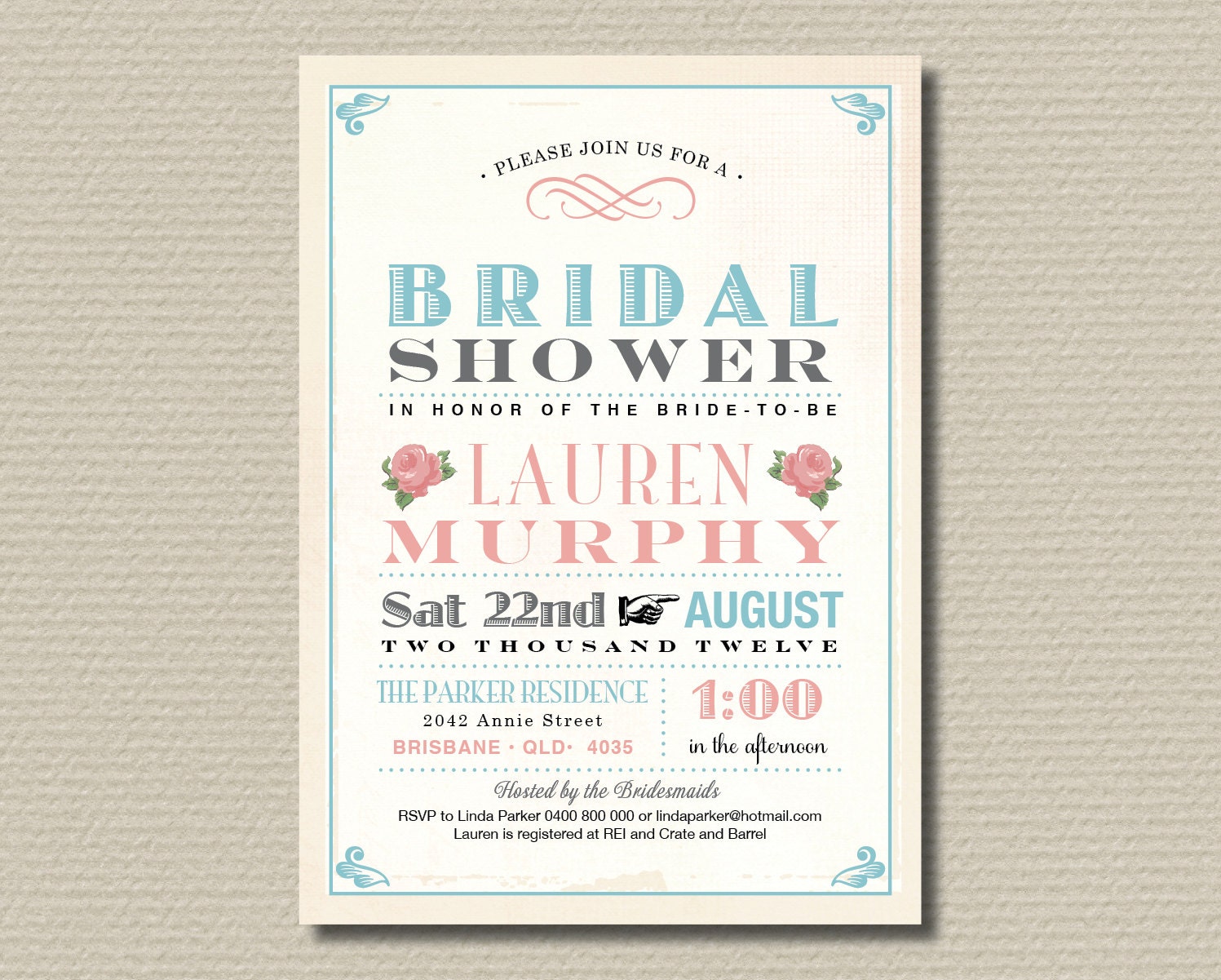 Printable Bridal Shower Invitation - Sweet Soft Pink, Grey & Blue (BR86)