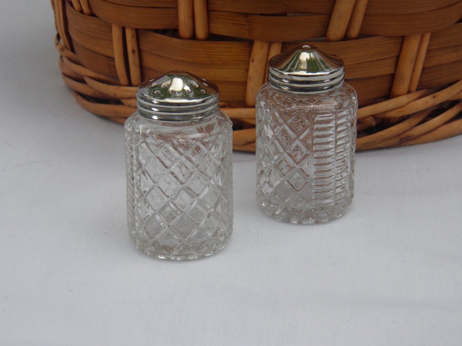 Vintage Pressed Glass Salt and Pepper Shaker Set  with Silver Tops- Antique Serving Accessory- Home Decor