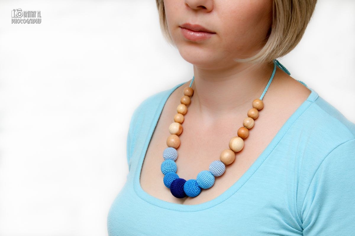 Certified Organic Nursing necklace/Teething necklace -juniper wood with healing properties - dark blue,turquoise, ice blue