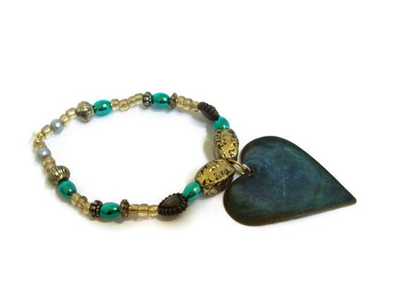 Shabby Chic, Turquoise Heart Bracelet, Vintage Charms, Teal Jewelry, new year accessories, valentines day hearts