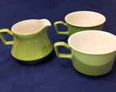 Retro Green Creamer and Coffee Mugs Nikko Ironstone Japan Tea Set Milk Glass Mod Hippie Boho