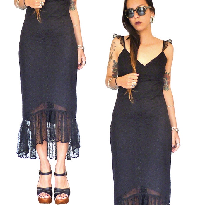 HOLA VINTAGE 90s Dress - Boho Gypsy Lace Dress - Grunge Goth Black Midi Dress - 90s Goth Fishtail Dress - Bohemian Gypsy Midi Dress