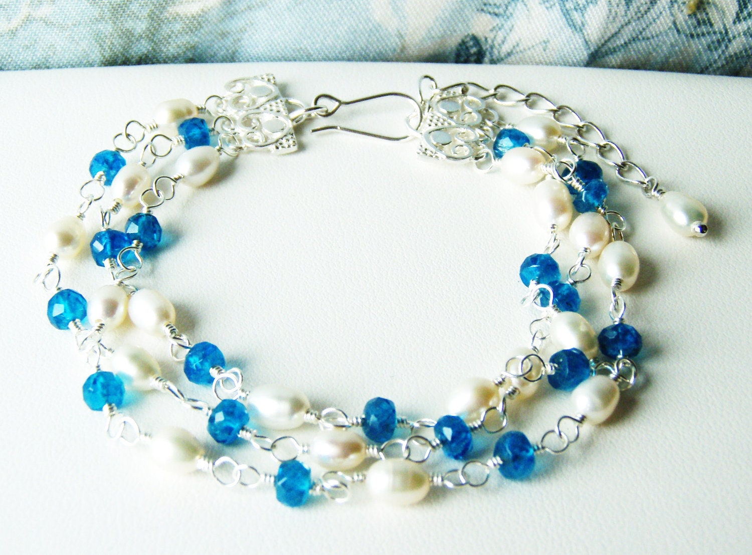 RESERVED - Blue apatite and pearl multi strand bracelet, sterling silver jewellery